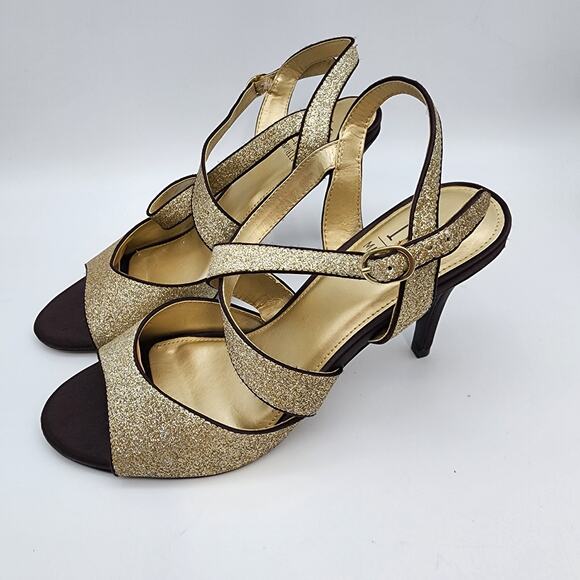 M by Marinelli Sparkle Gold Peep Toe Heels Size 8 Dark Brown Strappy Cocktail - Picture 2 of 10